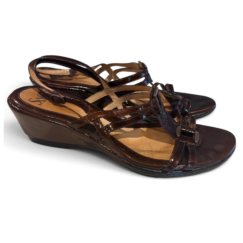 Sofft Womens Metallic Bronze Patent Leather Strappy Slingback Wedge Sandals 11M